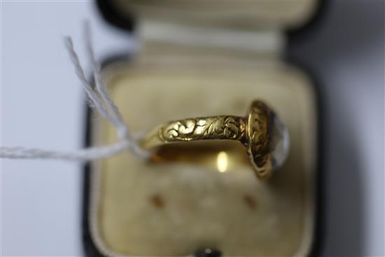 A late 17th century gold and Stuart crystal memento mori ring, size J.